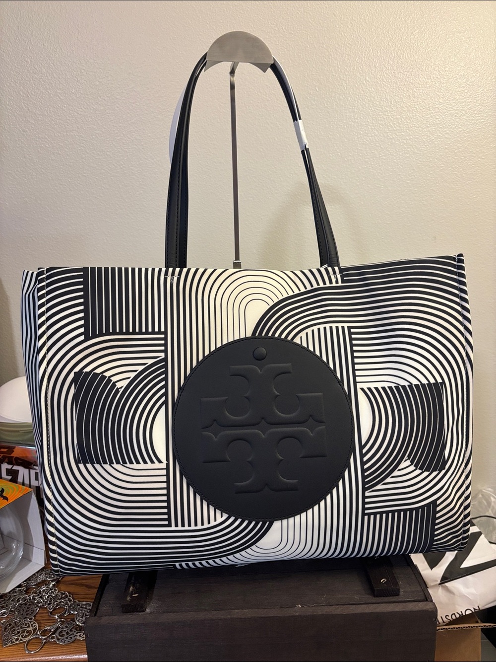 Tory Burch Black and White Graphic Logo Tote